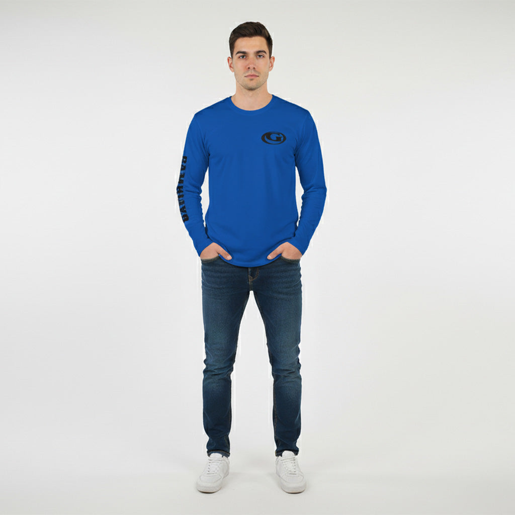 Royal Blue with Black Logo Long Sleeve Performance Shirt Design One